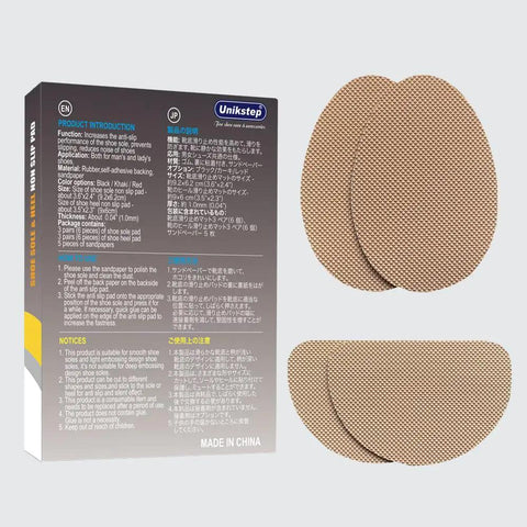 Package and pairs of Six Pairs (Twelve Pieces) Non Slip Shoe Sole Pads With Self Adhesive Rubber Grips For Front Sole And Heel