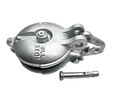 Heavy Duty Yarding Block With Shackle And Pin Three Ton WLL Four Inch Sheave Silver Painted Rig Block For Log Hauling Built Tough With Grease Zerk And Three Eighths Inch Cable, silver block with pin