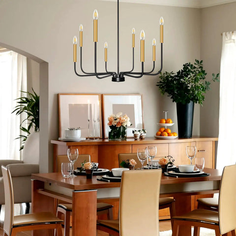 Black Matte Farmhouse 8 Light Chandelier With Gold Candle Accents Dope Modern Pendant Ceiling Light For Dining Room, Kitchen, Hallway, Living Room, Bedroom, Office, Bar, Foyer