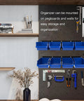 Wall Mounted Garage Storage Rack With Eight Bins And Two Rails Hardware Organizer For Tools Screws And Small Parts In Blue