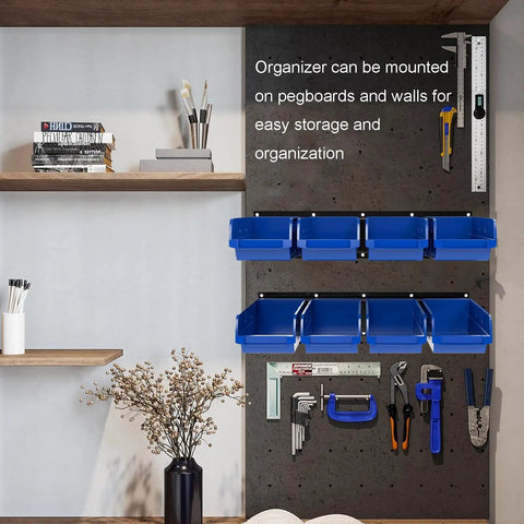 Wall Mounted Garage Storage Rack With Eight Bins And Two Rails Hardware Organizer For Tools Screws And Small Parts In Blue