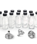 12 Pack 2 Oz 60ml Clear Glass Bottles With Lids And 3 Stainless Funnels Travel Set For Wellness Oils Juices Serums And Samples