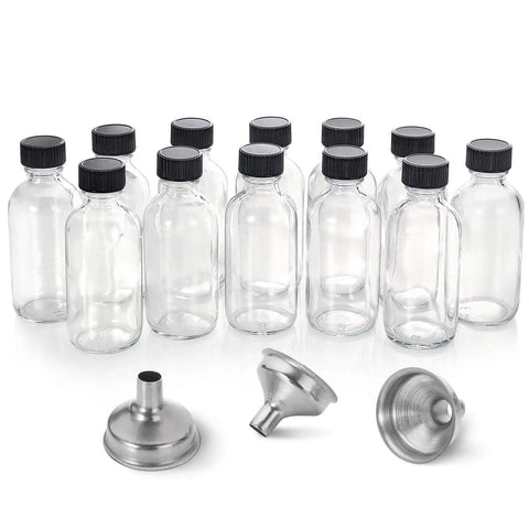 12 Pack 2 Oz 60ml Clear Glass Bottles With Lids And 3 Stainless Funnels Travel Set For Wellness Oils Juices Serums And Samples