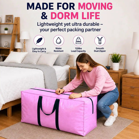 Person using pink Monster Size Waterproof Moving Storage Duffel Bag Heavy Duty Extra Large Tote in bedroom setting