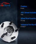 Autoround front wheel bearing hub assembly with 5-lug studs and ABS sensor, metallic finish.