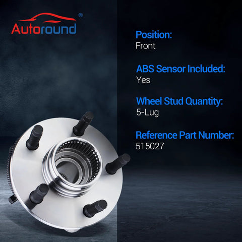 Autoround front wheel bearing hub assembly with 5-lug studs and ABS sensor, metallic finish.