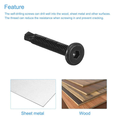 Self Drilling Hex Socket Screws 1/4 x 1-5/8 Inches, 410 Stainless Steel Flat Head Black Drilling Screws Built Tough For Metal And Wood, Corrosion Resistant Fasteners, 50-Pack shown with sheet metal and wood materials.