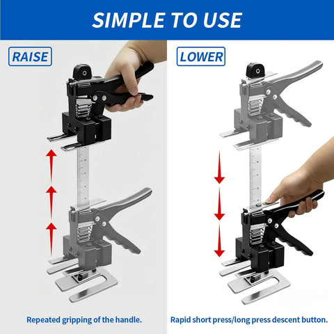 Instructions for using the Greywolf Multi-Function Furniture Lifter With Dual Arm Jacks to raise and lower objects.