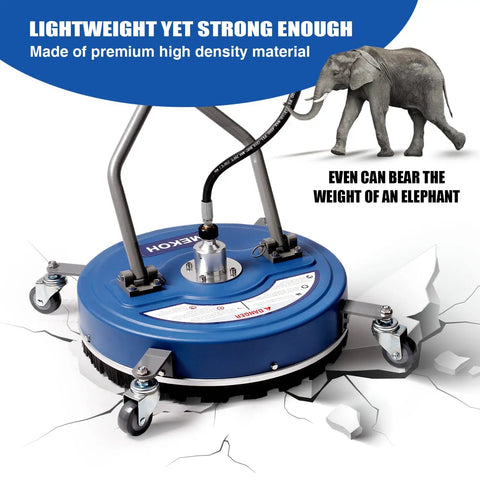 Beast Mode Twenty-Inch Pressure Washer Surface Cleaner With Wheels, 4500 PSI, supporting weight of an elephant on cracked surface.