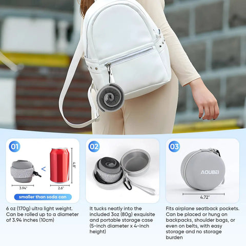 Ultra Compact Chin Support Travel Pillow For Petite Travelers displayed next to white backpack, highlighting portability