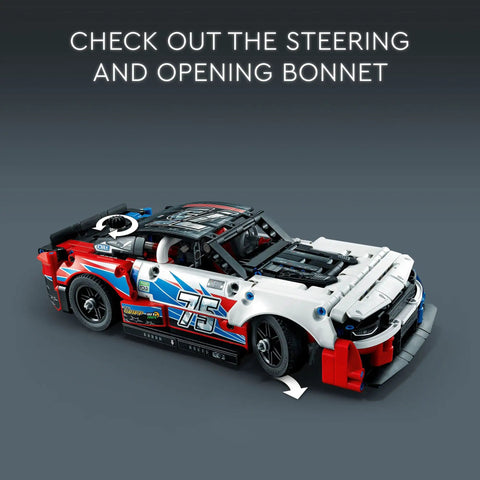 Next Gen NASCAR Chevrolet Camaro ZL1 Race Car Build Kit For Kids 9 And Up showing steering and opening bonnet