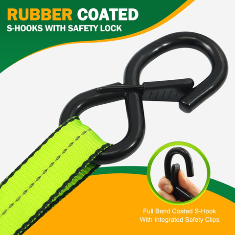 One Inch Ratchet Tie Down Straps 15 Ft 4 Pack With Soft Loops 2100 Pound Break Strength Reflective Thread For Hauling Appliances Lawn Equipment Cargo Straps For Trucks And More featuring rubber coated S-hooks with safety lock