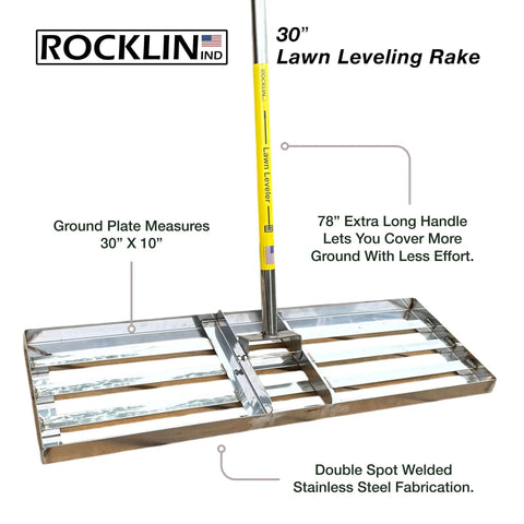 Lawn Leveling Rake Stainless Steel Ground Plate 30 By 10 Inches With 78 Inch Extra Long Handle for quick leveling, beefy tool.