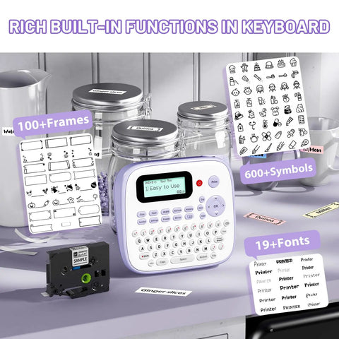 Handheld Electric Label Maker With Keyboard And BZ Laminated Tapes Offering Super Slick Operation showing built-in functions and labels.