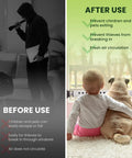 Before and after use of adjustable window security bar showing enhanced safety for kids and pets, with prevention of break-ins.