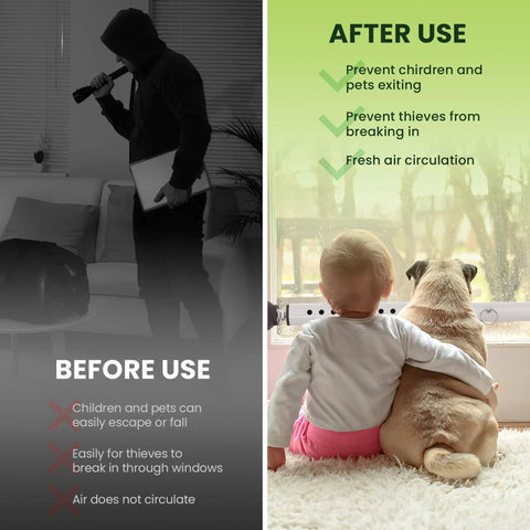 Before and after use of adjustable window security bar showing enhanced safety for kids and pets, with prevention of break-ins.