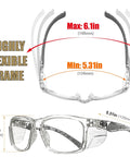 Anti Fog Safety Glasses With Side Shields ANSI Z87.1 Clear Lens Eye Protection showing flexible frame dimensions