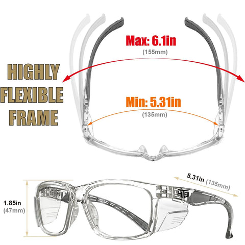 Anti Fog Safety Glasses With Side Shields ANSI Z87.1 Clear Lens Eye Protection showing flexible frame dimensions