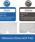 Comparison of Replacement Steam Mop Pads for Shark Vacmop; showing premium microfiber quality, white 12.5 by 7 inch size.