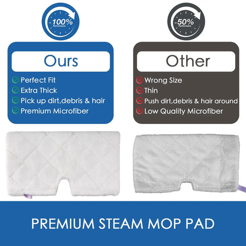 Comparison of Replacement Steam Mop Pads for Shark Vacmop; showing premium microfiber quality, white 12.5 by 7 inch size.