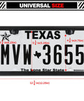 Two Pack Matte Black License Plate Frames With Two Holes, Rustproof Aluminum Plate Holder covering Texas license plate.
