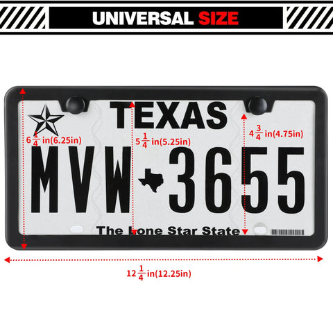 Two Pack Matte Black License Plate Frames With Two Holes, Rustproof Aluminum Plate Holder covering Texas license plate.