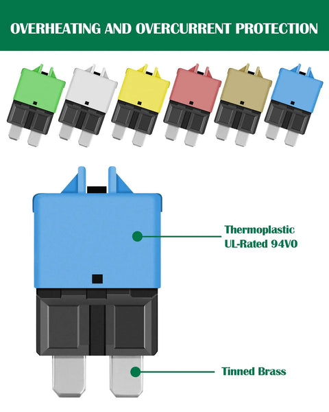 Manual Resettable Blade Fuse Kit With 5A 10A 15A 20A 25A 30A ATC ATO Fuses showing thermoplastic and tinned brass details