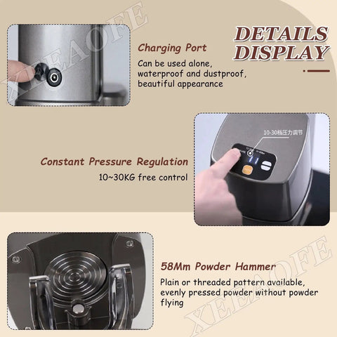 Automatic Espresso Tamper For 58 Mm Portafilters showing charging port and pressure regulation control settings for easy use.