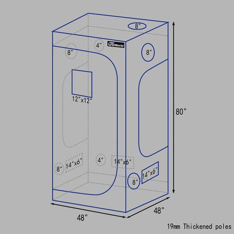 Diagram of 48x48x80 Grow Tent Kit With Tough 19mm Metal Frame, Ultra Reflective 600D Mylar Interior, Gray for hydroponic growing.