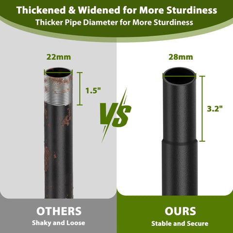 Comparison of 22mm and 28mm pipes, highlighting stability differences for 2 Pack Outdoor String Light Poles 10.5 Ft Spiral Screw In Stakes.