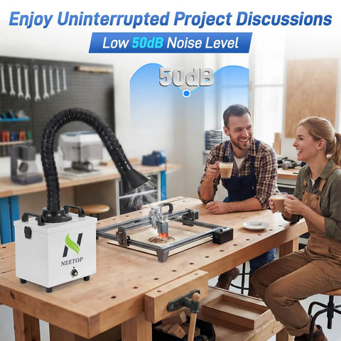 Heavy Duty Solder Fume Extractor With 100W Brushless Motor And 250 Cubic Meter Suction uses H13 HEPA plus carbon filter at low 50dB on a workshop table.