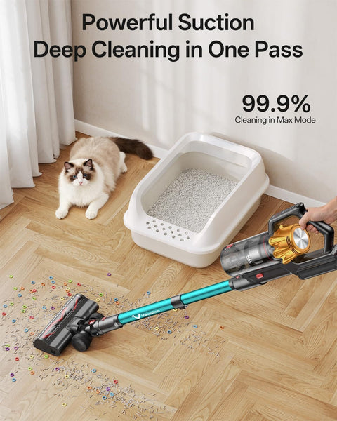 Beast Mode Cordless Vacuum Cleaner With 650W Motor And 55KPa Suction cleaning around cat litter box on hardwood floor