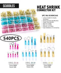 Massive 540 Piece Ring Heat Shrink Crimp Terminals Kit Features Insulated Butt Wire, Male Female Spade Terminal Connectors For Solid Electrical Cable Repairs And Professional Wiring Jobs Right Now. 540pc color-coded kit with ring, butt, spade terminals, 22-10 AWG