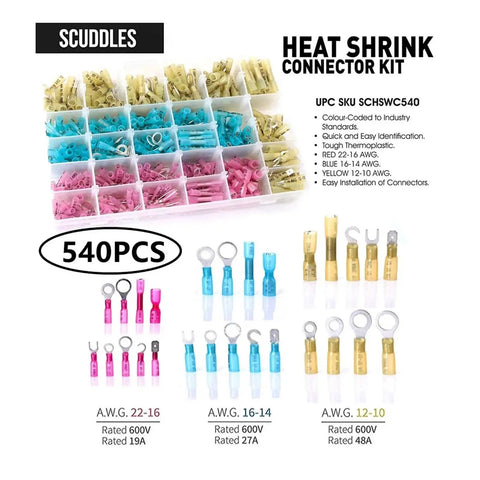 Massive 540 Piece Ring Heat Shrink Crimp Terminals Kit Features Insulated Butt Wire, Male Female Spade Terminal Connectors For Solid Electrical Cable Repairs And Professional Wiring Jobs Right Now. 540pc color-coded kit with ring, butt, spade terminals, 22-10 AWG