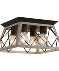 Vintage Farmhouse Flush Mount Ceiling Light Fixture, 4 Light Rustic Industrial Square Cage Lamp in Oak White Finish