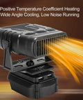 Cordless desk space heater with USB charging showing heat emission, portable office heater, dual settings, compact design, battery not included
