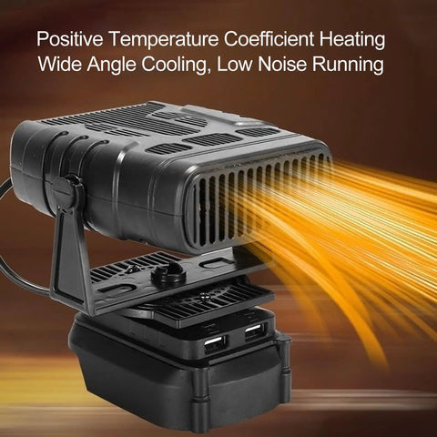 Cordless desk space heater with USB charging showing heat emission, portable office heater, dual settings, compact design, battery not included