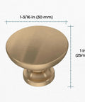 Champagne Bronze Round Cabinet Knob 1-3/16 in diameter with dimensions for cabinets, drawers, and kitchen doors.
