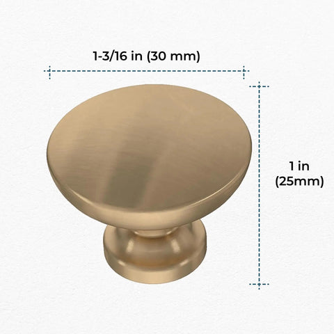 Champagne Bronze Round Cabinet Knob 1-3/16 in diameter with dimensions for cabinets, drawers, and kitchen doors.