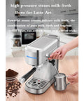 Semi Automatic Espresso Machine With 15 Bar Pressure And Powerful Milk Frother To Hit That Perfect Crema, Stainless Steel coffee maker in use with milk jug.