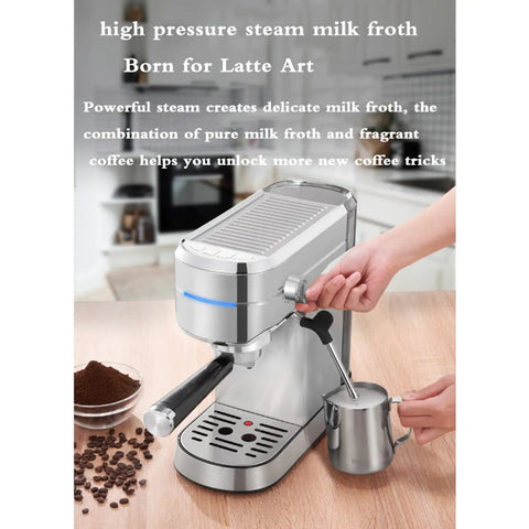 Semi Automatic Espresso Machine With 15 Bar Pressure And Powerful Milk Frother To Hit That Perfect Crema, Stainless Steel coffee maker in use with milk jug.