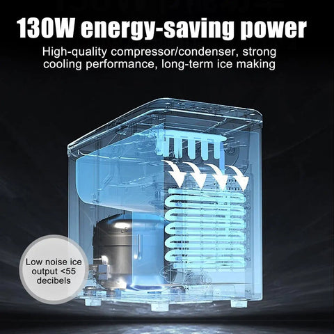Countertop Ice Maker Brings Major Chill Vibes With A Heavy Duty 26 Pound Daily Output Of Bullet Cubes In Just Six Minutes Plus Self Cleaning Ease And Dual Size Choices For Effortless Home Or Party Flow showcasing energy-saving compressor and condenser.