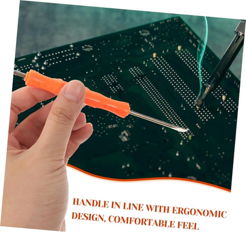 Hand holding tool from Six Piece Soldering Assist Set Desoldering Pump And Wick Kit for PCBs on circuit board