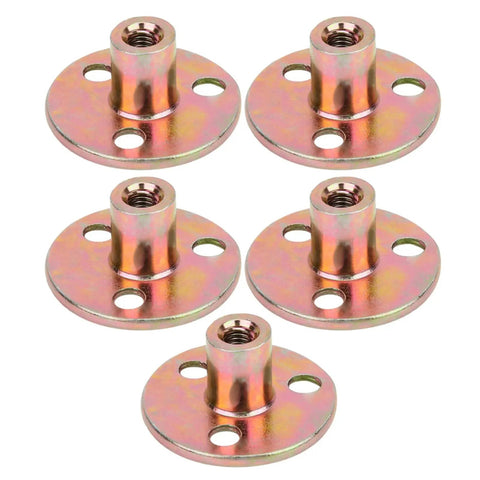 Five galvanized Three Hole Flange Tee Nuts for Furniture with M8 thread, smooth surface for DIY solid wood projects.