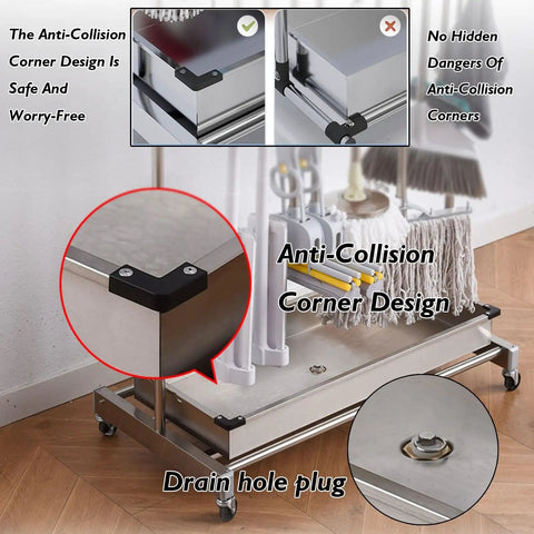 Heavy Duty Stainless Steel Mop And Broom Holder Rack Removable Organizer For Long Handled Tools And Rakes Holds Up To 88 Lbs Weatherproof Garage Storage Easy Install with anti-collision corners and drain hole plug.
