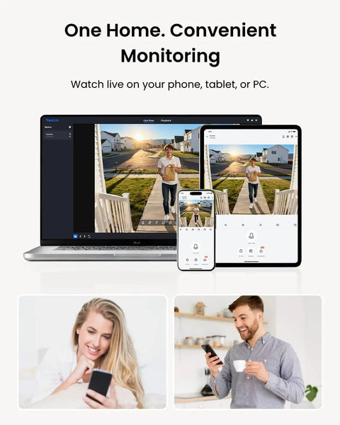 2K PoE Doorbell Camera With Chime V2 Outdoor IP Security Cam live monitoring on laptop, tablet, and phone screen
