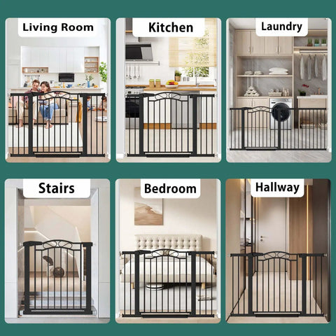 Walk-Through Baby Gate With Door For Openings 29.53 To 32.28 Inches Wide Pressure Mounted No Drill Indoor Gate in various home settings