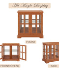 32 Inch LED Accent Curio Cabinet With Seven Color Lights For Collectibles, front and side view with tempered glass doors, dark oak finish