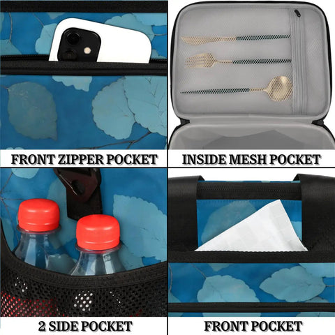 Blue Insulated Picnic Backpack Lunch Bag for Men and Women showing pockets for phone, utensils, bottles, napkins; grab and go portable tote.