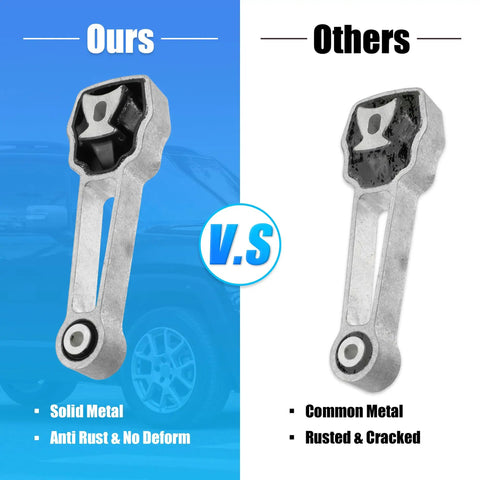 Volvo XC60 S60 V60 S80 V70 XC70 Replacement Engine Motor Mount And Torque Rod Bracket comparison image showing solid metal vs common metal.